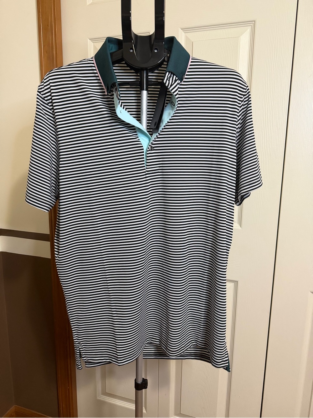 Greyson Black & White Striped Polo with Teal Inner Placket NWT Size M